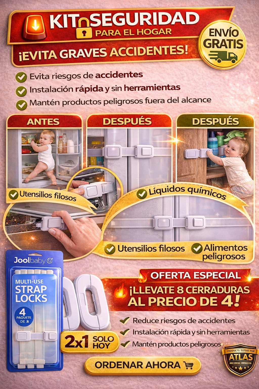 KIT DE SEGURIDAD PARA EL HOGAR (2 SEGUROS DE NEVERA + 4 CERRADURAS MULTIUSO)